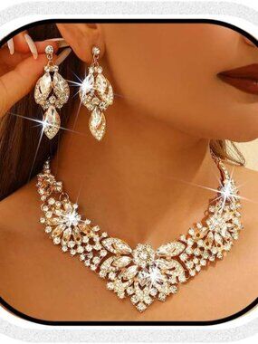 Wedding Jewelry Sets Gold Rhinestone Necklace Earrings Set Formal Costume Jewelr